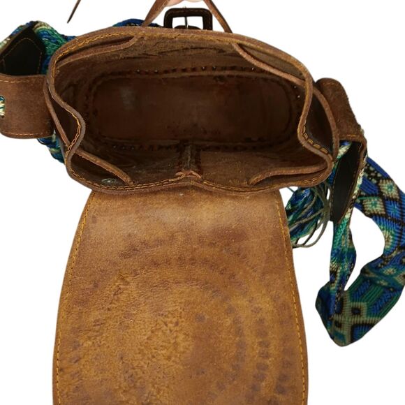 Leather Tooled Crossbody Purse Dark Brown With Turquoise & Green Crochet Strap - Picture 9 of 16